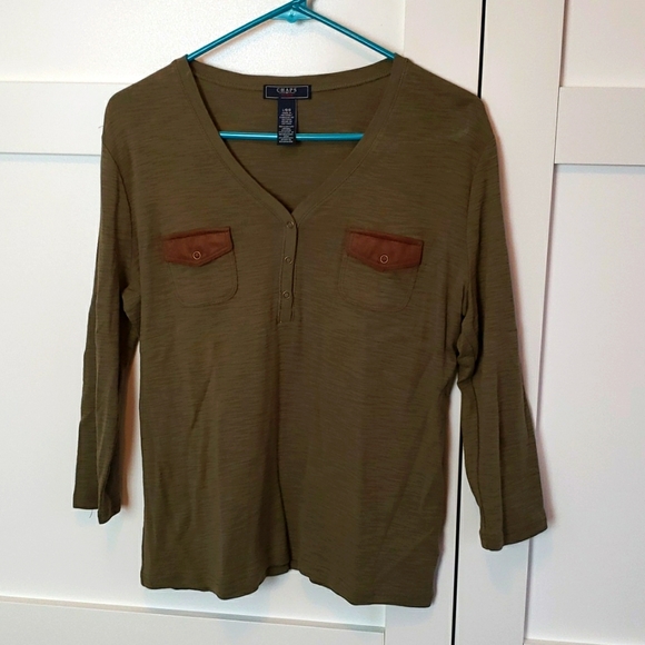 Chaps green 3/4 sleeve shirt with suede pockets - Picture 1 of 5